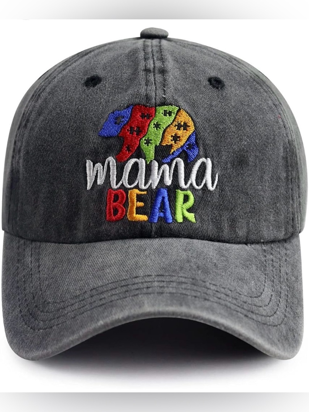 Mama Bear Distressed Gray Baseball Cap Puzzle Piece Embroidered Adjustable Hat